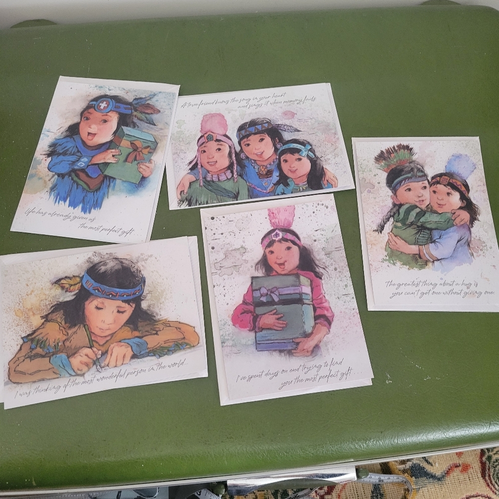 Like New Native American Kids Watercolor Art Greeting Cards Set X5